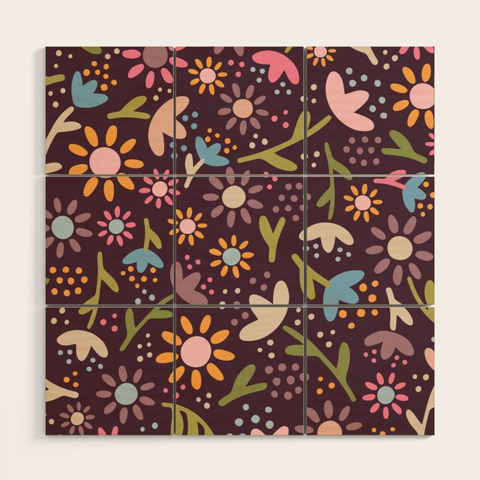 Ditsy Daisy Floral on Burgundy Wood Wall Art Gallery Image 1