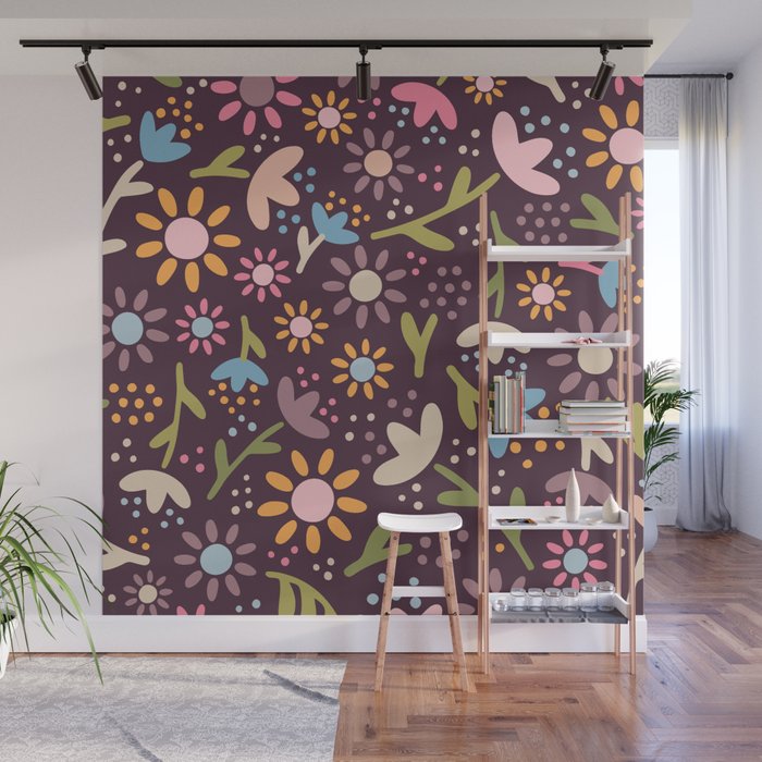 Ditsy Daisy Floral on Burgundy Wall Mural Gallery Image 1