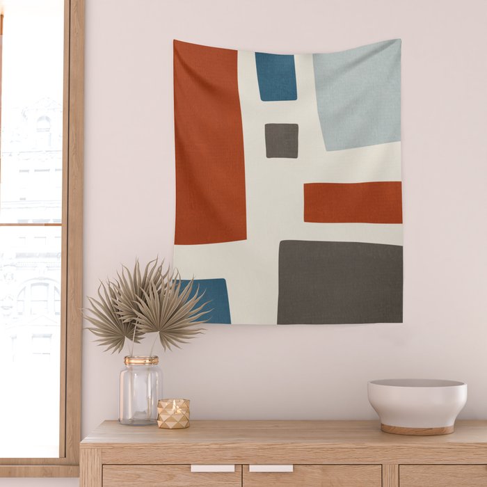 Abstract Shapes Burnt Orange Gray Blue Wall Tapestry Gallery Image 2