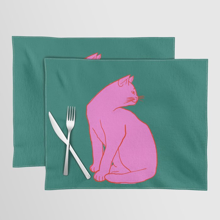 Pink Cat On Green Background Placemat Gallery Image 1