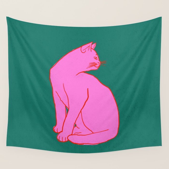 Pink Cat On Green Background Wall Tapestry Gallery Image 1