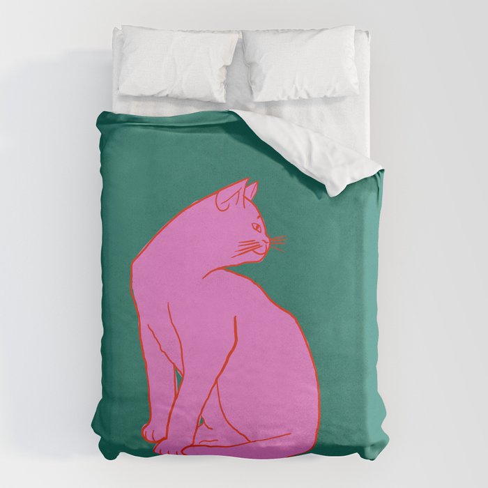 Pink Cat On Green Background Duvet Cover Gallery Image 1