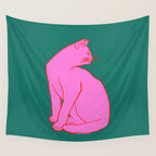 Pink Cat On Green Background Wall Tapestry Gallery Image 4
