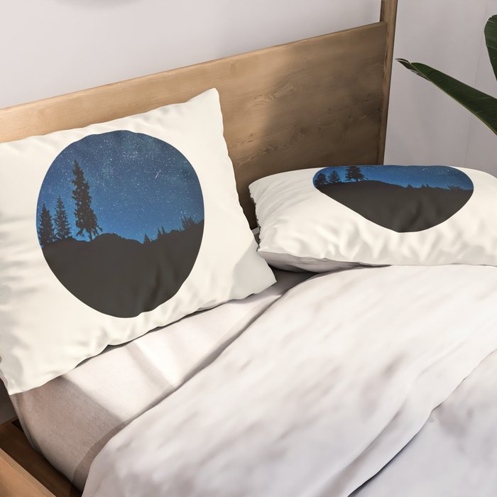 Mid Century Modern Round Circle Photo Blue Star Night Sky Pine Tree Silhouette Pillow Sham Gallery Image 2