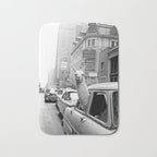  llama in times square print - a llama in times square-Llama Riding in Taxi, Black and White Vintage Bath Mat Gallery Image 1