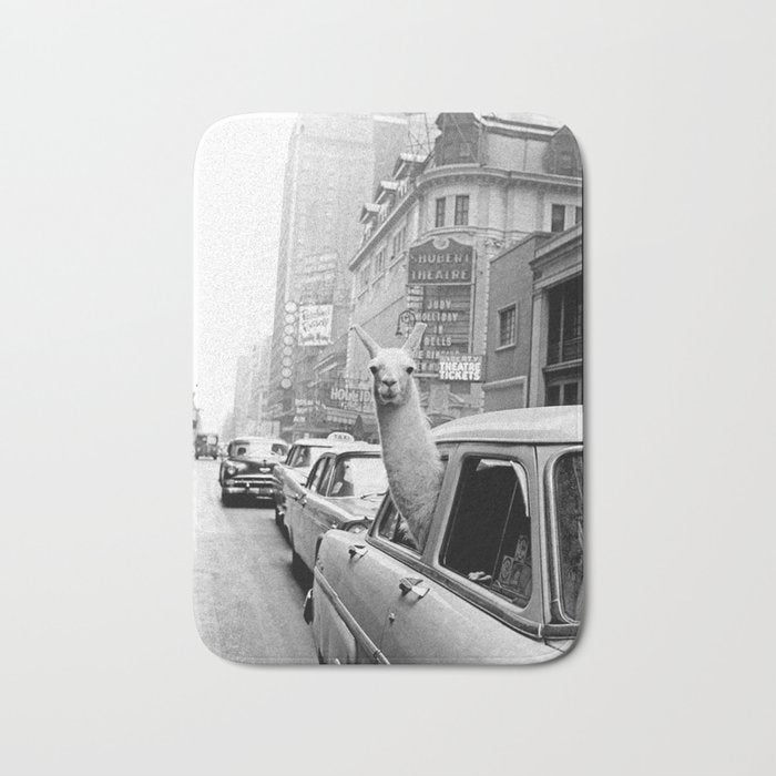  llama in times square print - a llama in times square-Llama Riding in Taxi, Black and White Vintage Bath Mat Gallery Image 1