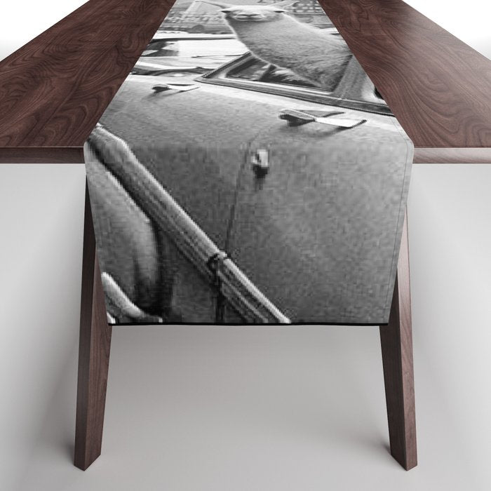  llama in times square print - a llama in times square-Llama Riding in Taxi, Black and White Vintage Table Runner Gallery Image 1