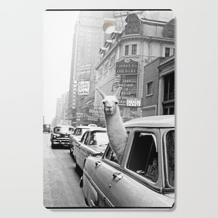  llama in times square print - a llama in times square-Llama Riding in Taxi, Black and White Vintage Cutting Board Gallery Image 1