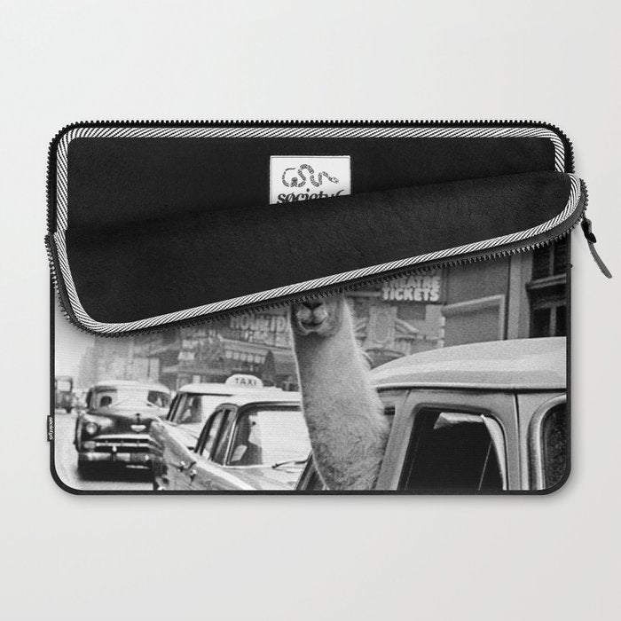  llama in times square print - a llama in times square-Llama Riding in Taxi, Black and White Vintage Laptop Sleeve Gallery Image 2