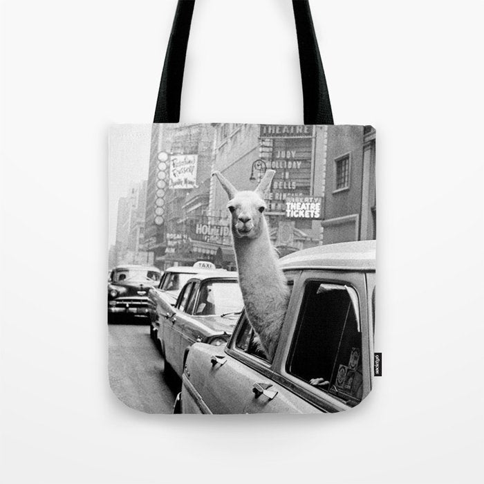 llama in times square print - a llama in times square-Llama Riding in Taxi, Black and White Vintage Tote Bag Gallery Image 1