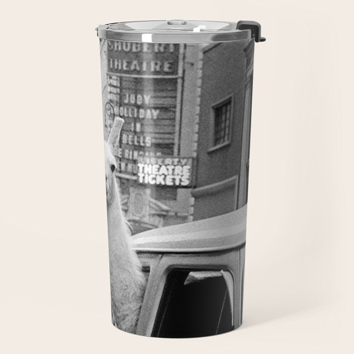  llama in times square print - a llama in times square-Llama Riding in Taxi, Black and White Vintage Travel Mug Gallery Image 2