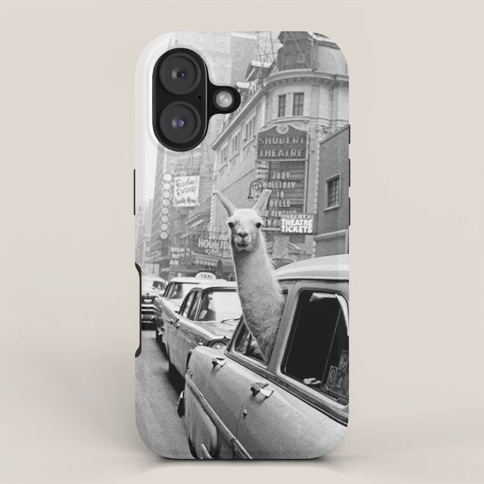  llama in times square print - a llama in times square-Llama Riding in Taxi, Black and White Vintage iPhone Case Gallery Image 1