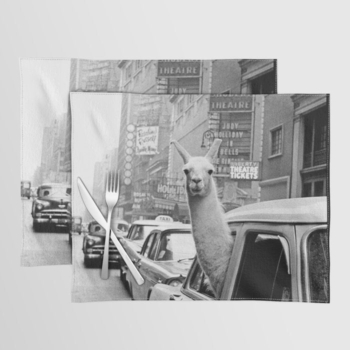  llama in times square print - a llama in times square-Llama Riding in Taxi, Black and White Vintage Placemat Gallery Image 1