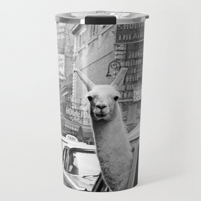  llama in times square print - a llama in times square-Llama Riding in Taxi, Black and White Vintage Travel Mug Gallery Image 1
