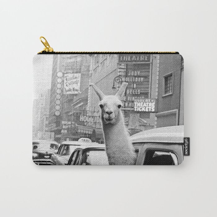  llama in times square print - a llama in times square-Llama Riding in Taxi, Black and White Vintage Carry All Pouch Gallery Image 1