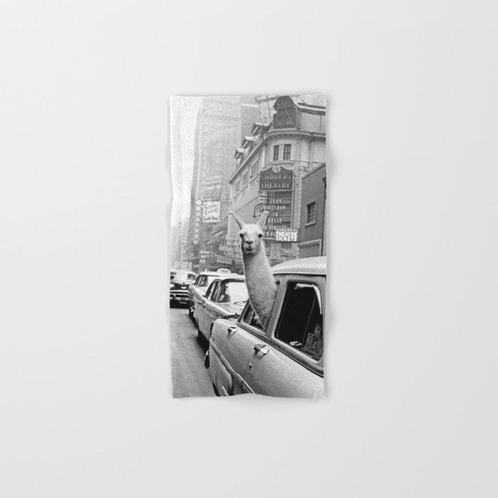  llama in times square print - a llama in times square-Llama Riding in Taxi, Black and White Vintage Bath Towel Gallery Image 1