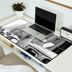  llama in times square print - a llama in times square-Llama Riding in Taxi, Black and White Vintage Desk Mat Gallery Image 2
