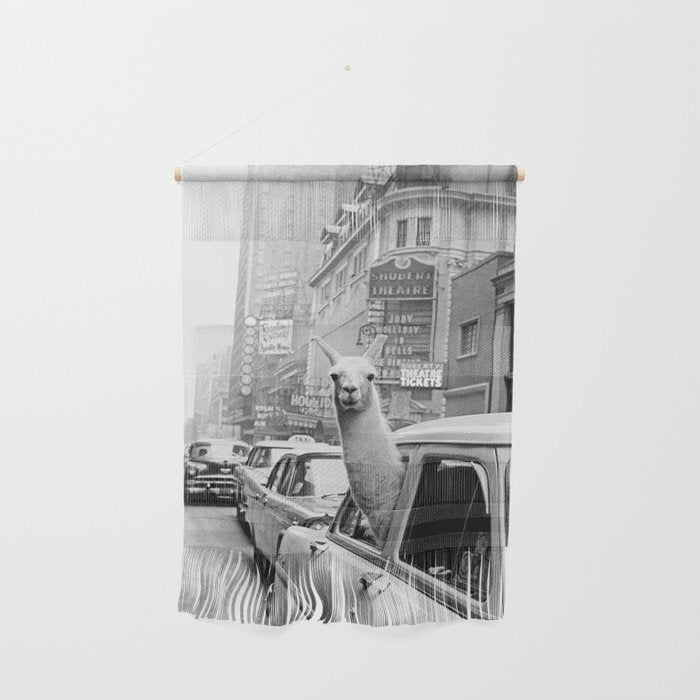  llama in times square print - a llama in times square-Llama Riding in Taxi, Black and White Vintage Wall Hanging Gallery Image 1