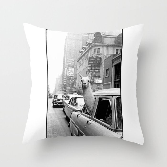  llama in times square print - a llama in times square-Llama Riding in Taxi, Black and White Vintage Throw Pillow Gallery Image 6