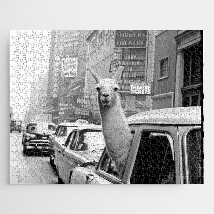  llama in times square print - a llama in times square-Llama Riding in Taxi, Black and White Vintage Jigsaw Puzzle Gallery Image 1