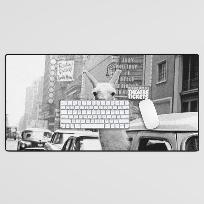  llama in times square print - a llama in times square-Llama Riding in Taxi, Black and White Vintage Desk Mat Gallery Image 1