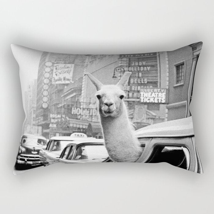  llama in times square print - a llama in times square-Llama Riding in Taxi, Black and White Vintage Rectangular Pillow Gallery Image 2