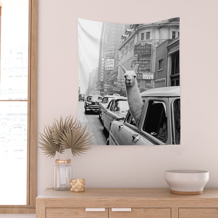  llama in times square print - a llama in times square-Llama Riding in Taxi, Black and White Vintage Wall Tapestry Gallery Image 2