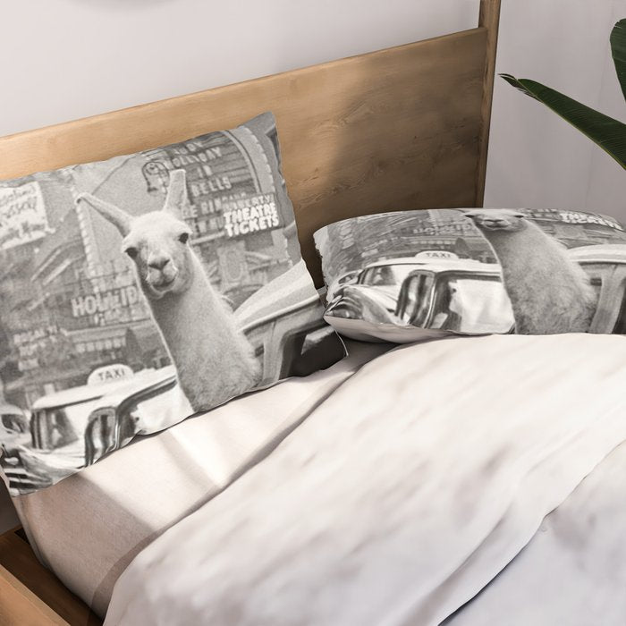  llama in times square print - a llama in times square-Llama Riding in Taxi, Black and White Vintage Pillow Sham Gallery Image 2