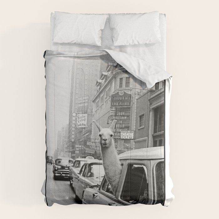  llama in times square print - a llama in times square-Llama Riding in Taxi, Black and White Vintage Comforter Gallery Image 1