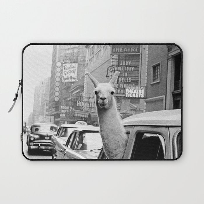  llama in times square print - a llama in times square-Llama Riding in Taxi, Black and White Vintage Laptop Sleeve Gallery Image 1