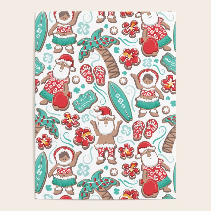 Mele Kalikimaka Hawaiian Christmas gingerbread cookies // white background Poster Gallery Image 4