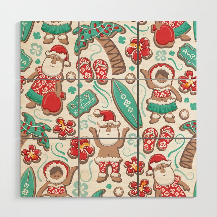 Mele Kalikimaka Hawaiian Christmas gingerbread cookies // white background Wood Wall Art Gallery Image 1