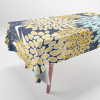 Floral Prints and Leaves, Navy Blue, Yellow, Aqua Tablecloth Gallery Image 1