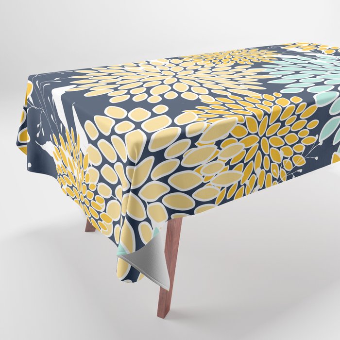 Floral Prints and Leaves, Navy Blue, Yellow, Aqua Tablecloth Gallery Image 1
