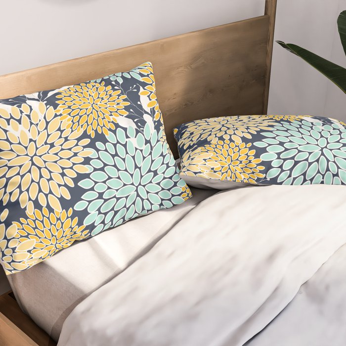 Floral Prints and Leaves, Navy Blue, Yellow, Aqua Pillow Sham Gallery Image 2