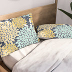 Floral Prints and Leaves, Navy Blue, Yellow, Aqua Pillow Sham Gallery Image 2