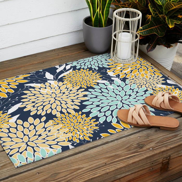 Floral Prints and Leaves, Navy Blue, Yellow, Aqua Outdoor Rug Gallery Image 2