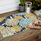 Floral Prints and Leaves, Navy Blue, Yellow, Aqua Outdoor Rug Gallery Image 2