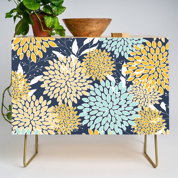 Floral Prints and Leaves, Navy Blue, Yellow, Aqua Credenza Gallery Image 1