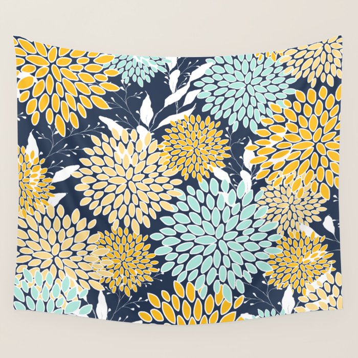 Floral Prints and Leaves, Navy Blue, Yellow, Aqua Wall Tapestry Gallery Image 4