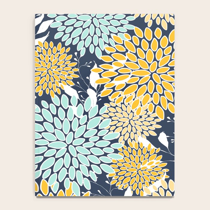 Floral Prints and Leaves, Navy Blue, Yellow, Aqua Notebook Gallery Image 4