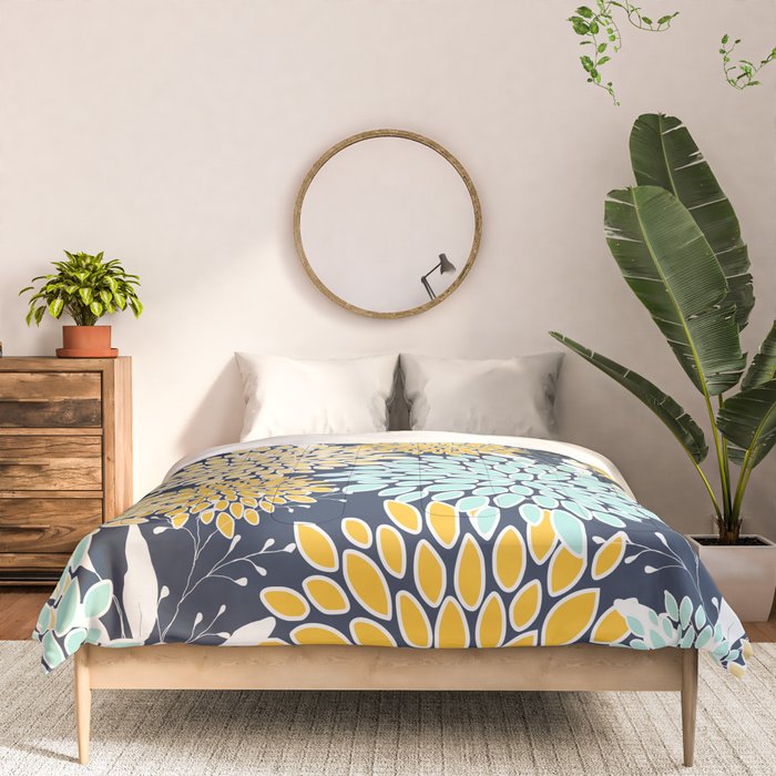 Floral Prints and Leaves, Navy Blue, Yellow, Aqua Comforter Gallery Image 3