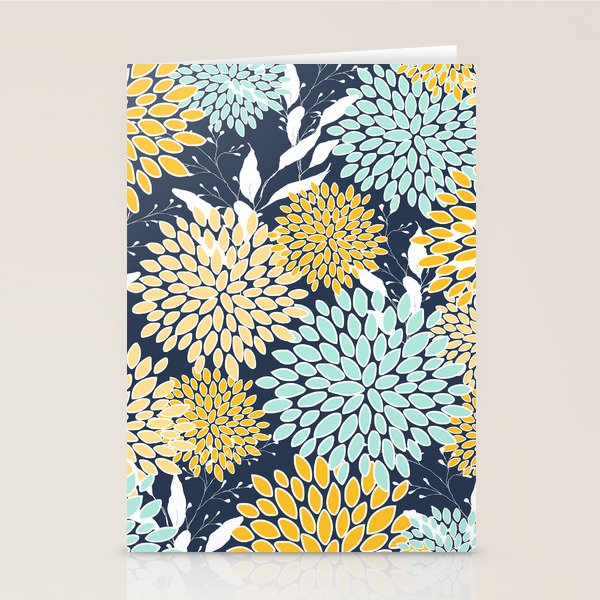 Floral Prints and Leaves, Navy Blue, Yellow, Aqua Stationery Card Gallery Image 2