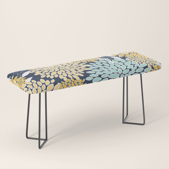 Floral Prints and Leaves, Navy Blue, Yellow, Aqua Bench Gallery Image 1