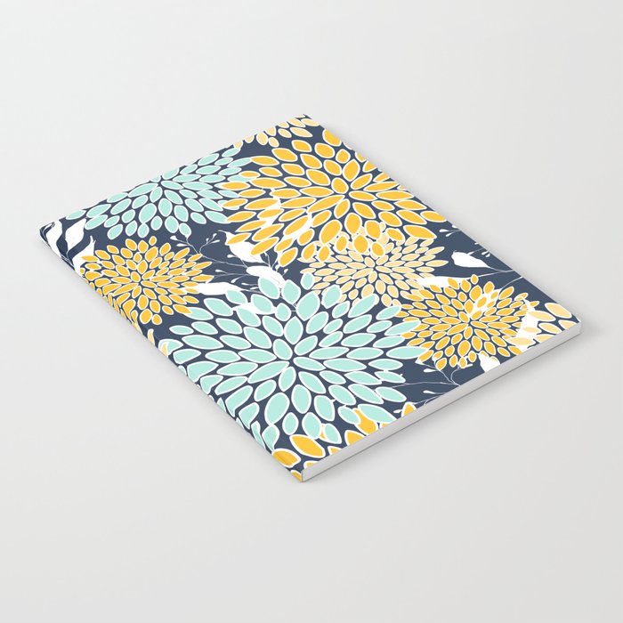 Floral Prints and Leaves, Navy Blue, Yellow, Aqua Notebook Gallery Image 2