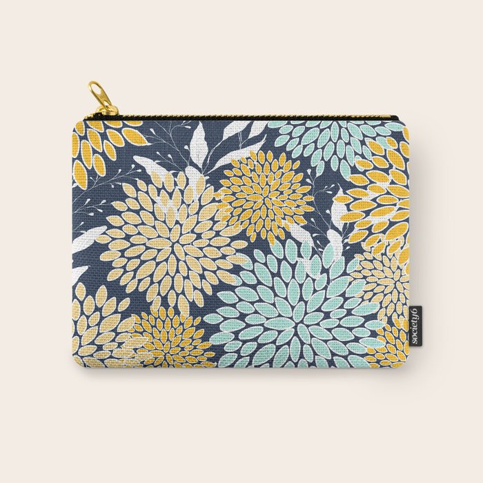 Floral Prints and Leaves, Navy Blue, Yellow, Aqua Carry All Pouch Gallery Image 1