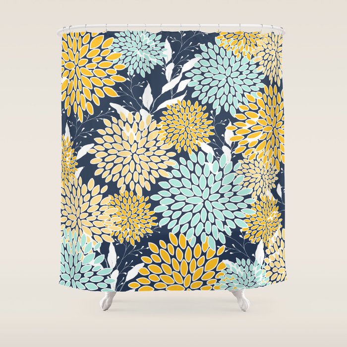 Floral Prints and Leaves, Navy Blue, Yellow, Aqua Shower Curtain Gallery Image 1