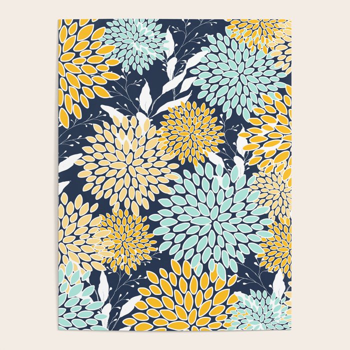 Floral Prints and Leaves, Navy Blue, Yellow, Aqua Poster Gallery Image 4