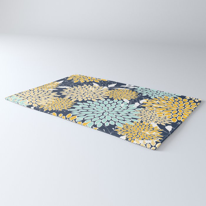 Floral Prints and Leaves, Navy Blue, Yellow, Aqua Rug Gallery Image 3