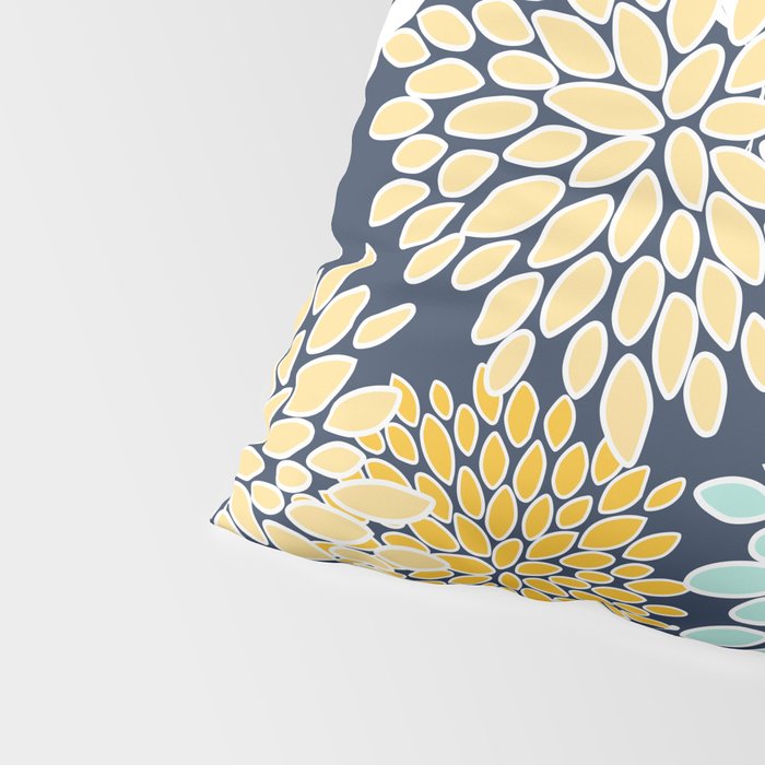 Floral Prints and Leaves, Navy Blue, Yellow, Aqua Pillow Sham Gallery Image 4